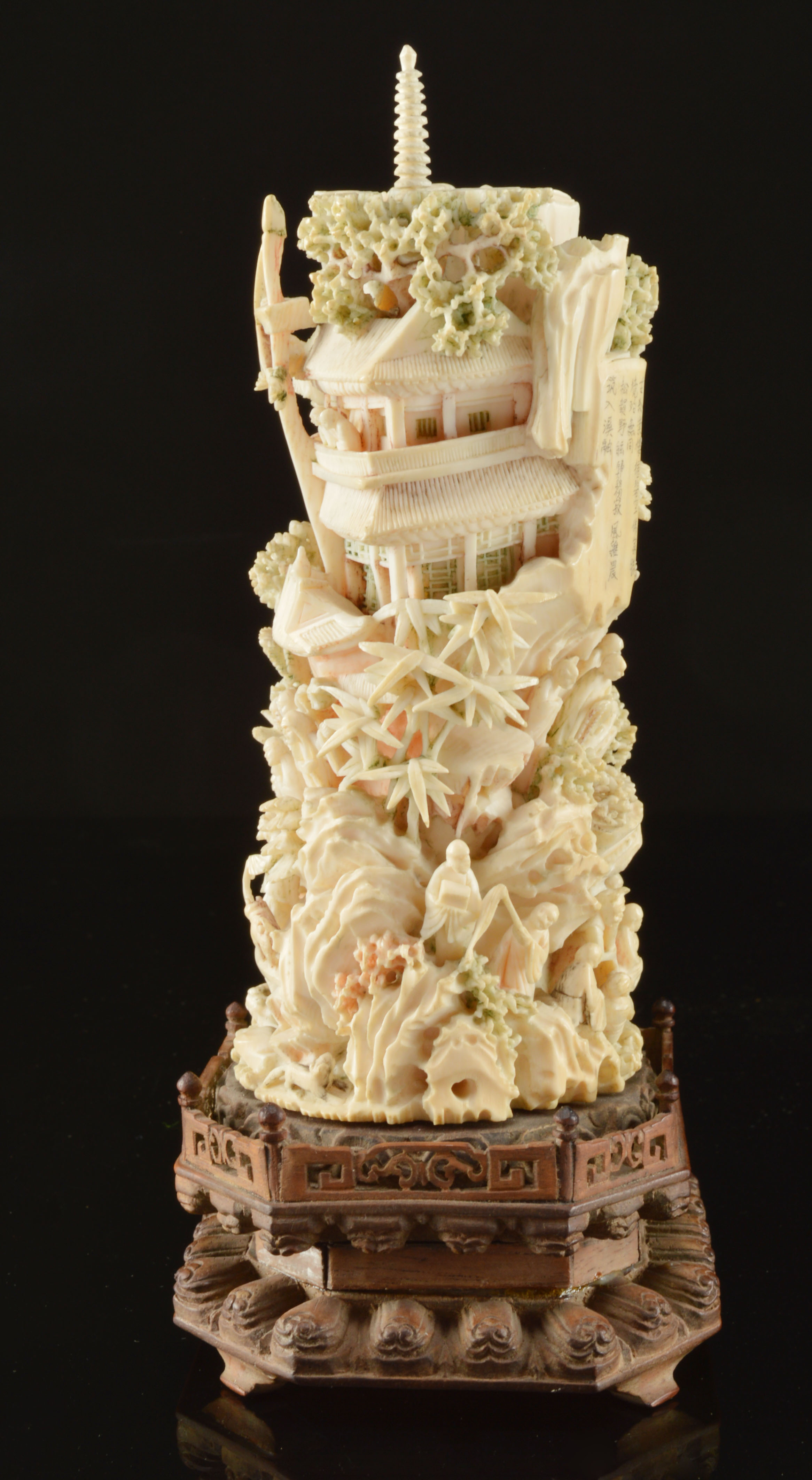Japanese Hand-Carved Polychrome Ivory Sculpture Tower