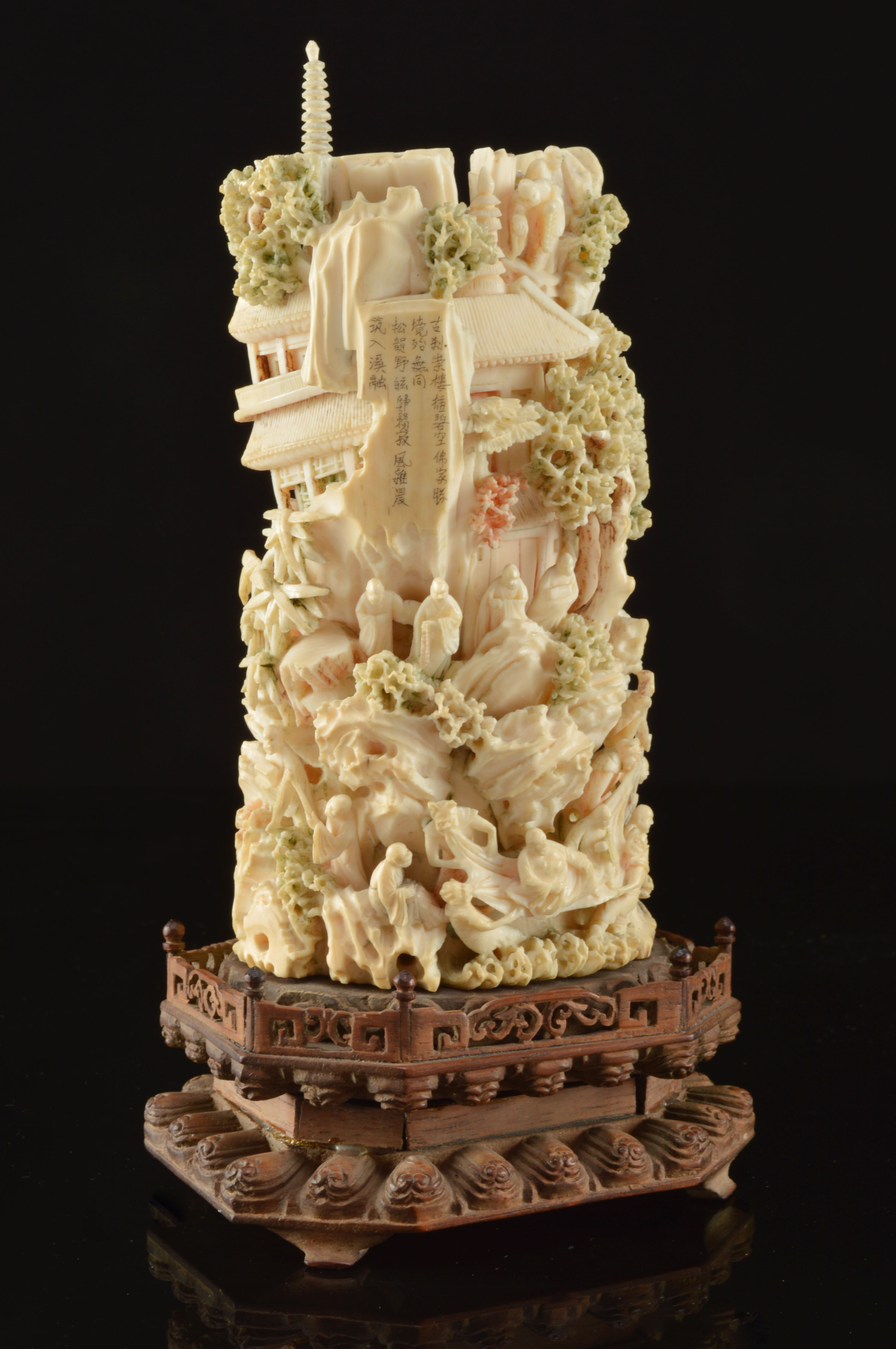 Japanese Hand-Carved Polychrome Ivory Sculpture Tower