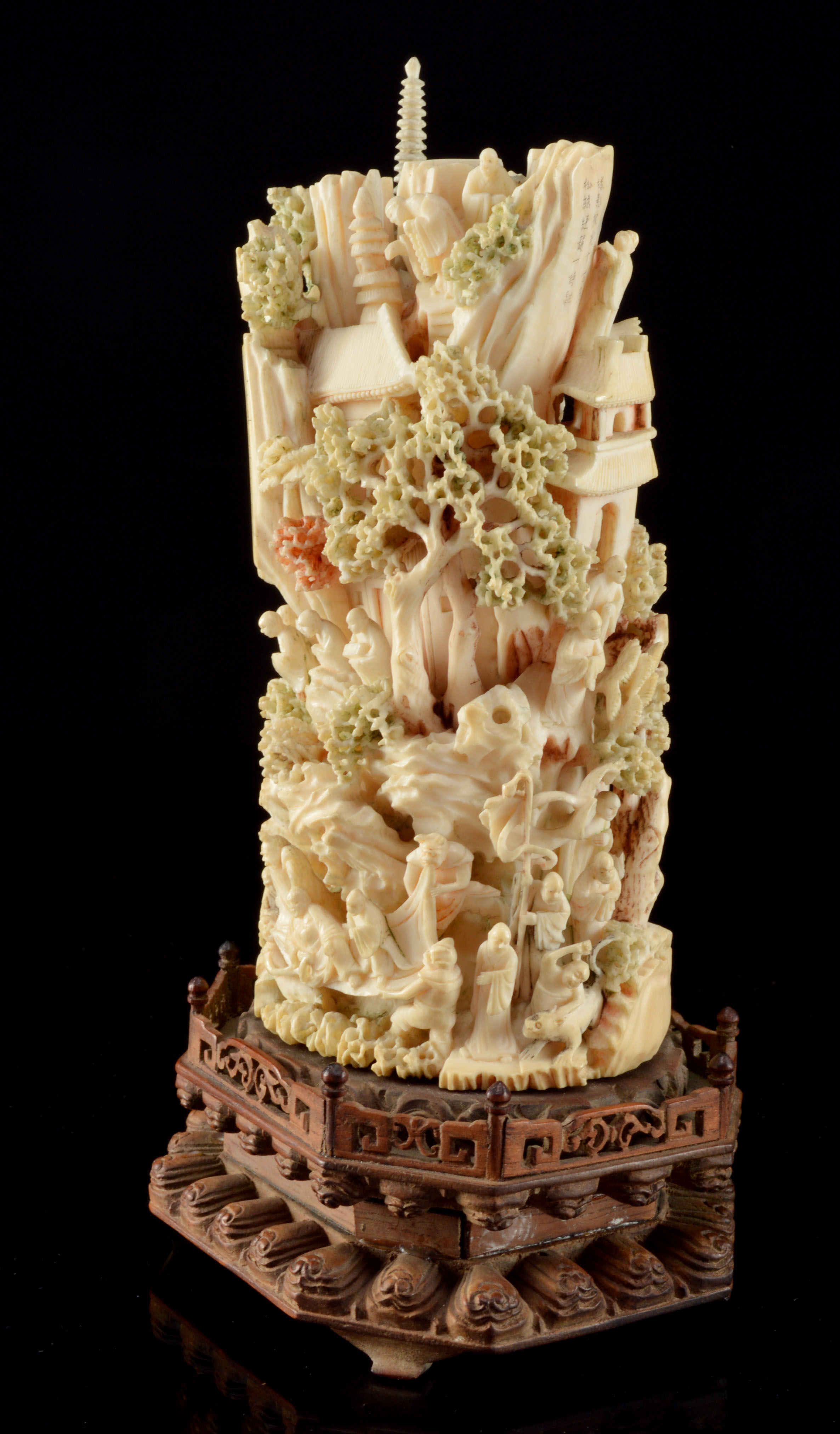 Japanese Hand-Carved Polychrome Ivory Sculpture Tower