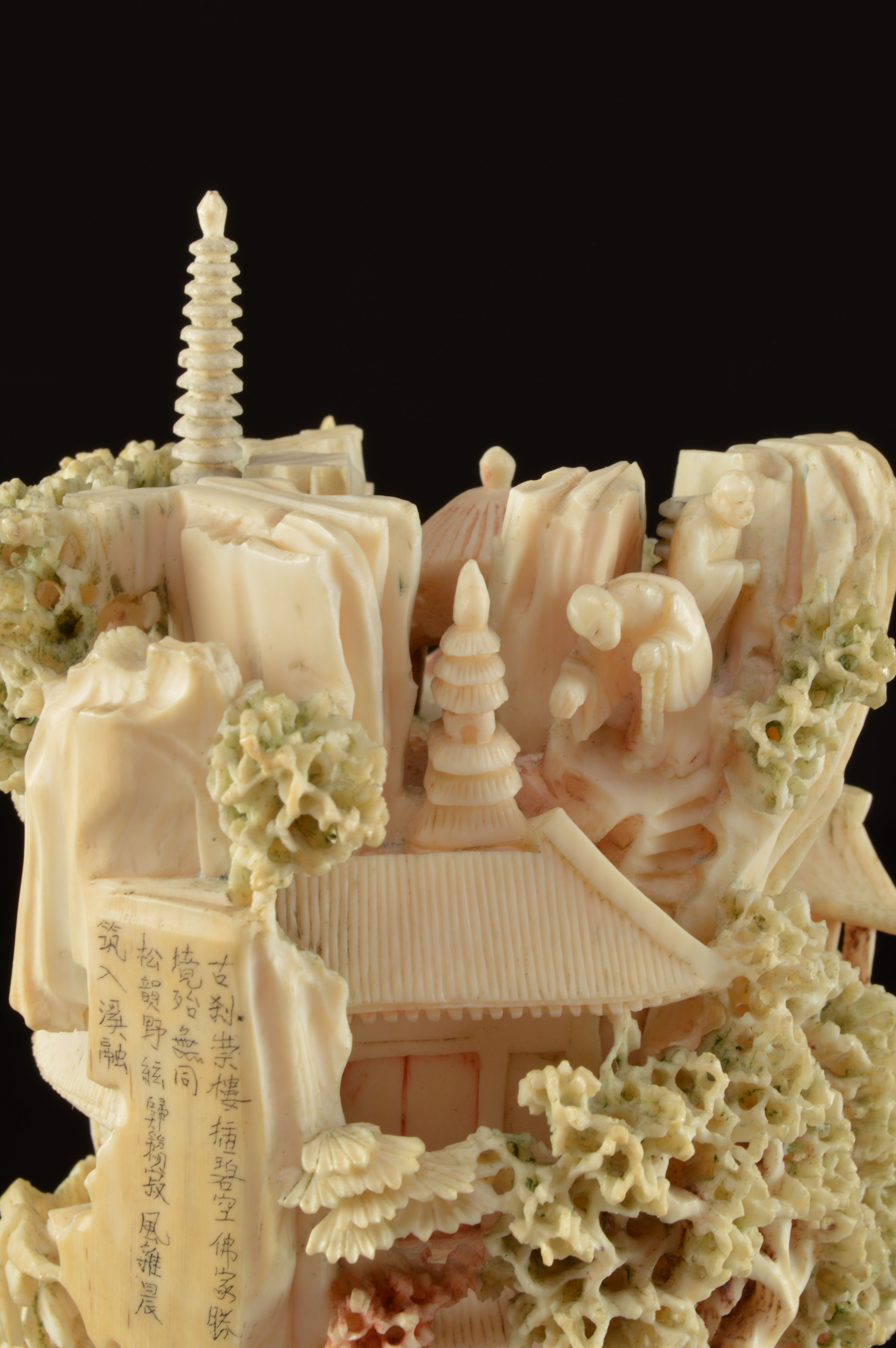Japanese Hand-Carved Polychrome Ivory Sculpture Tower