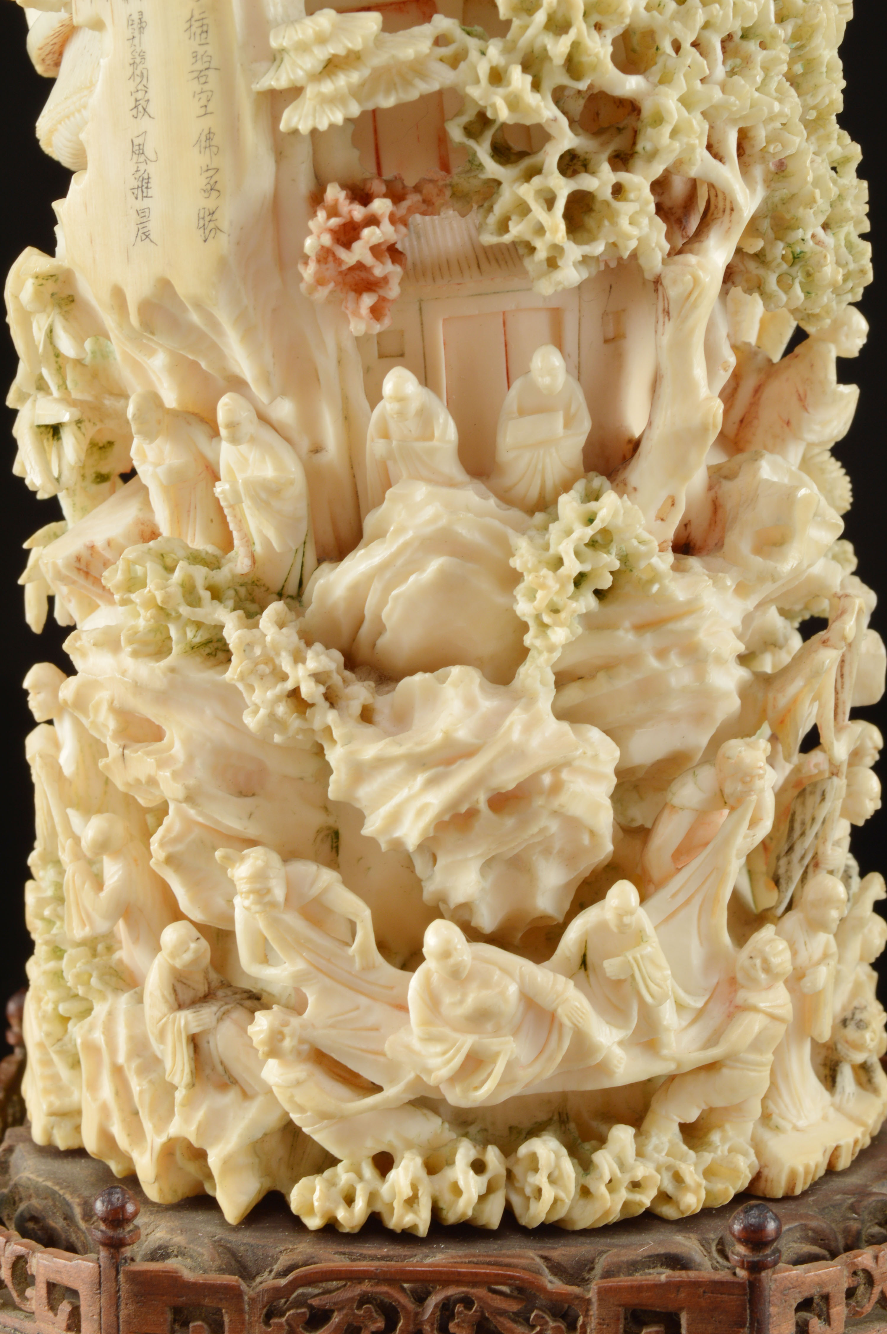 Japanese Hand-Carved Polychrome Ivory Sculpture Tower