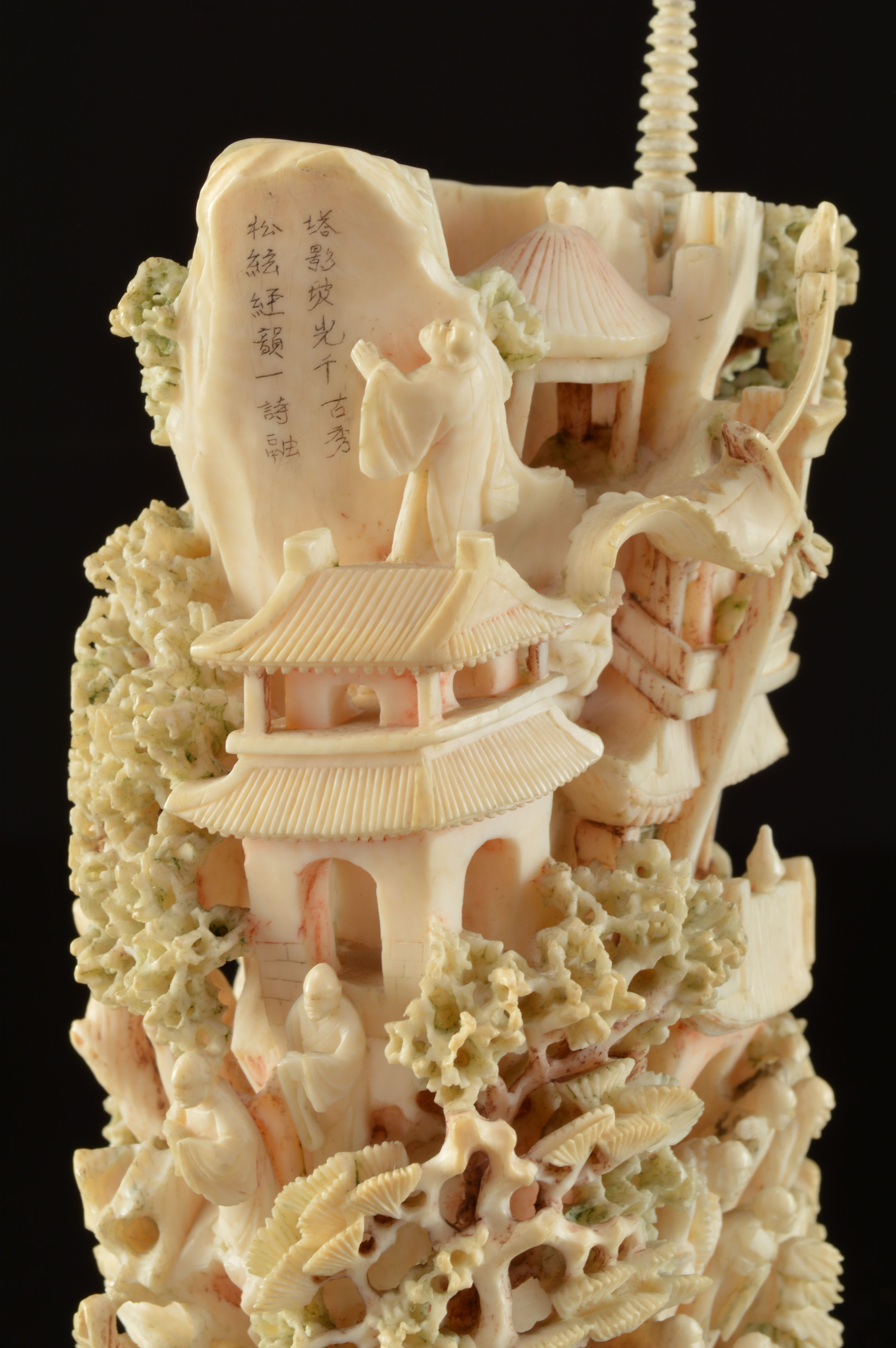 Japanese Hand-Carved Polychrome Ivory Sculpture Tower