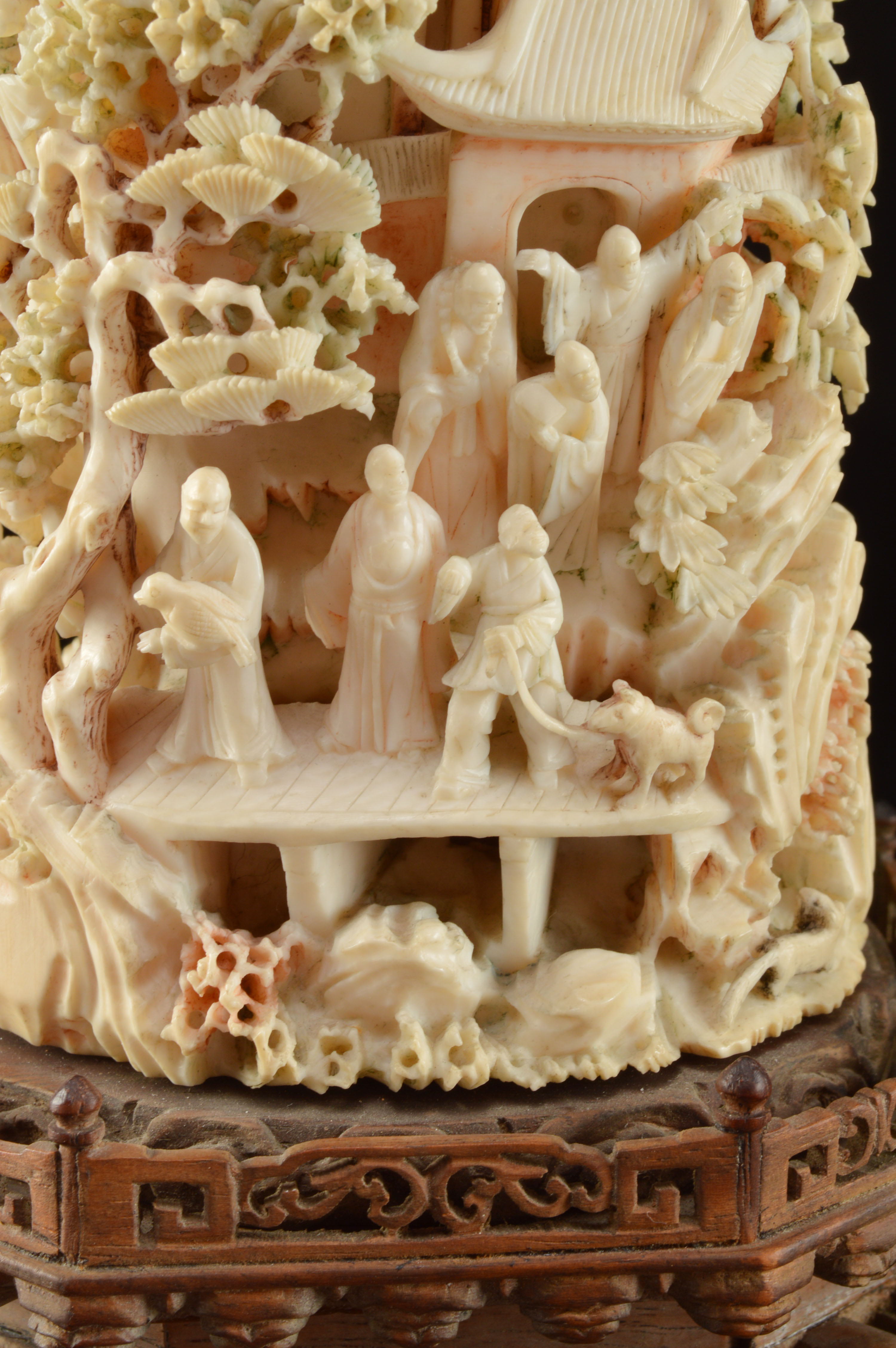 Japanese Hand-Carved Polychrome Ivory Sculpture Tower