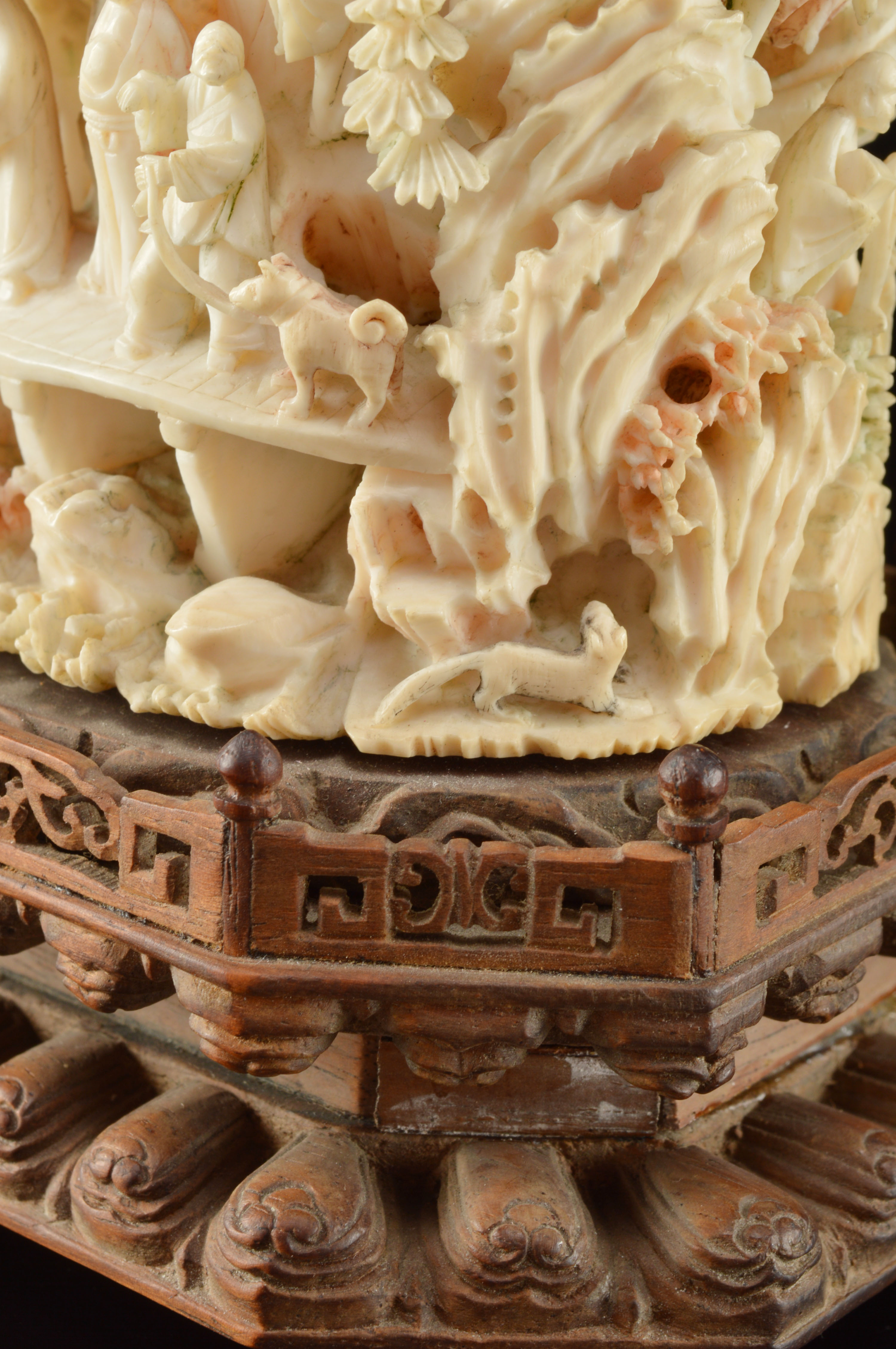 Japanese Hand-Carved Polychrome Ivory Sculpture Tower