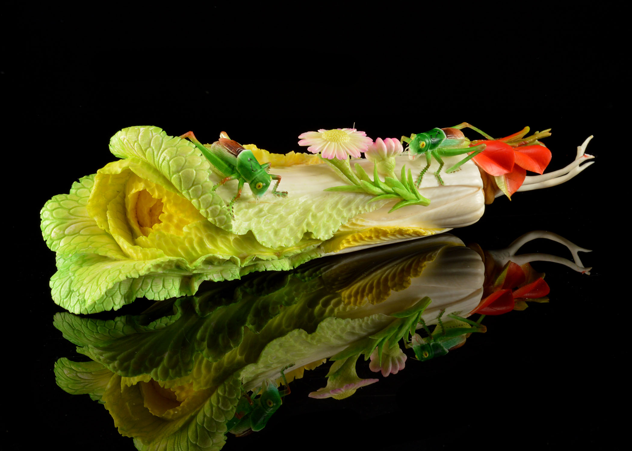 Chinese Hand-Carved Polychrome Ivory Sculpture of Bok Choy