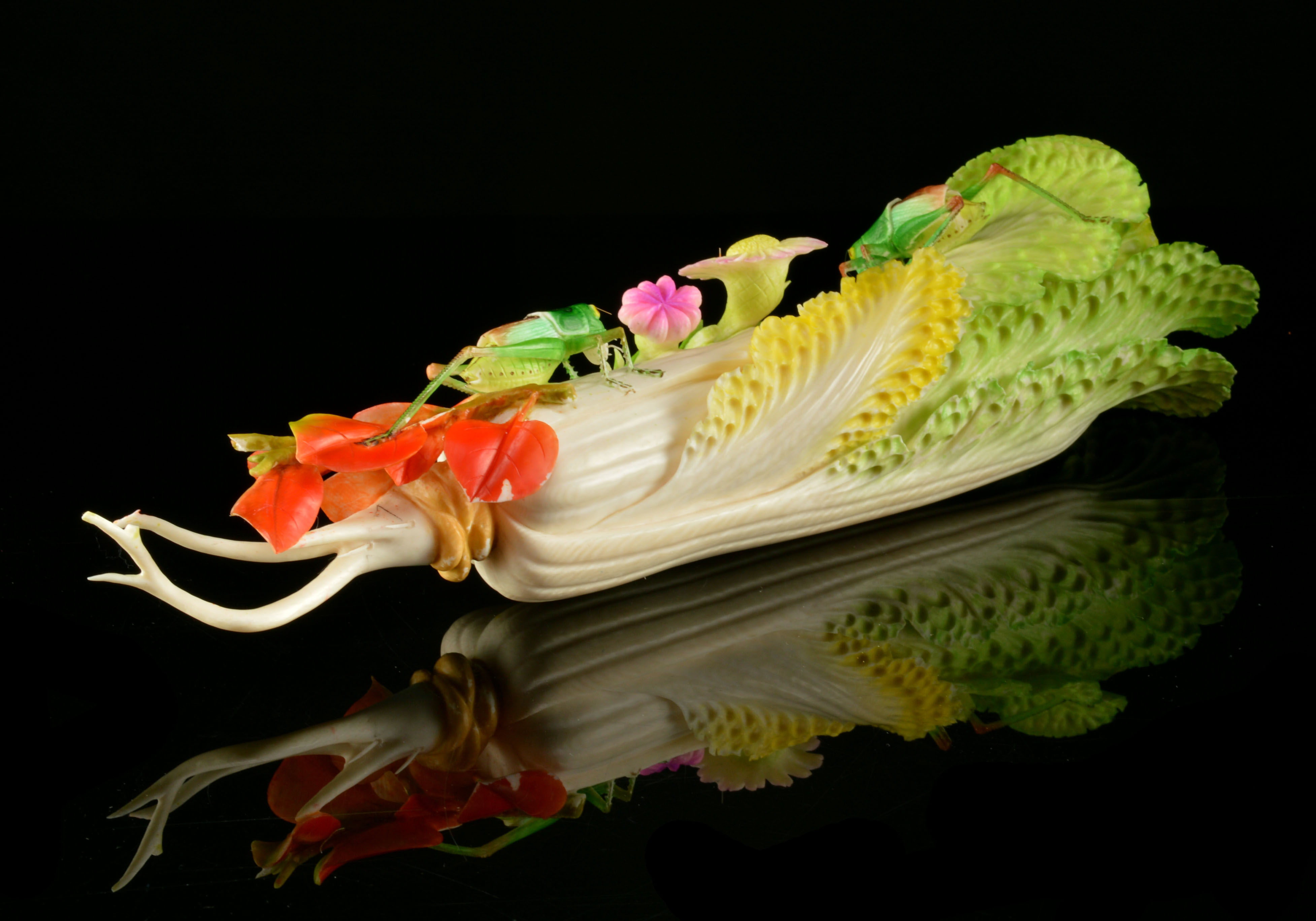 Chinese Hand-Carved Polychrome Ivory Sculpture of Bok Choy