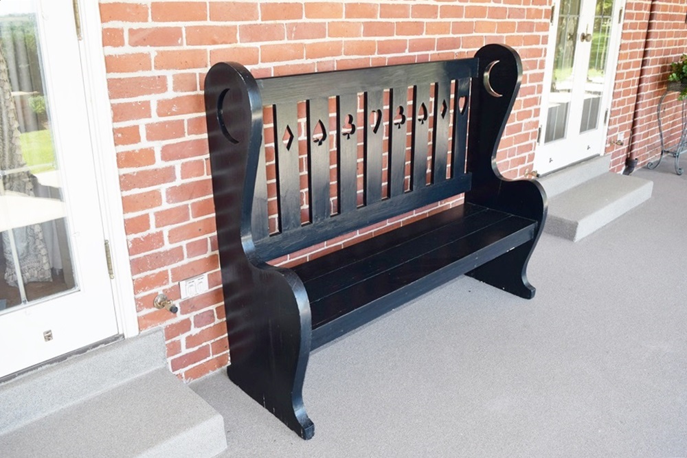 Antique Primitive Wooden High-Back Bench with Charming Cutouts