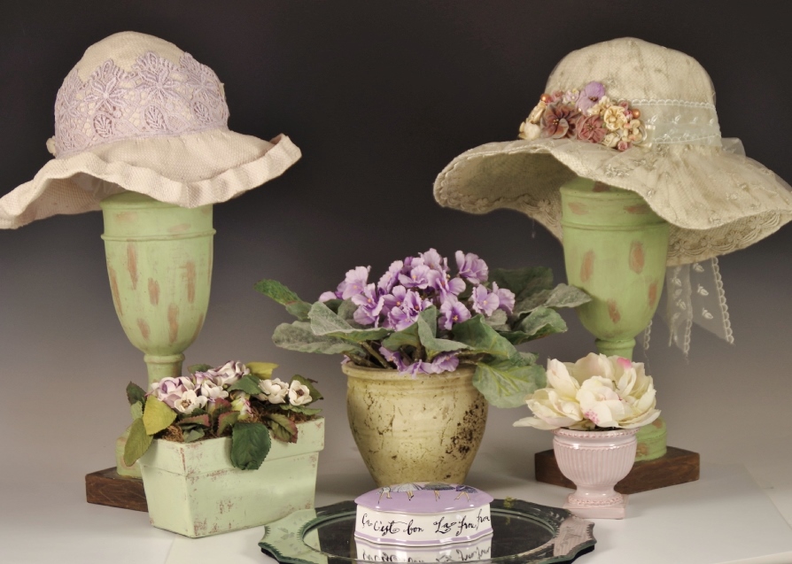 Pair of Vintage Hats with Stands, with Faux African Violet