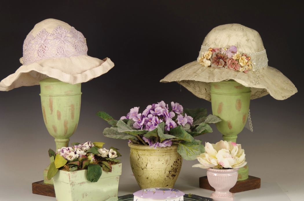 Pair of Vintage Hats with Stands, with Faux African Violet