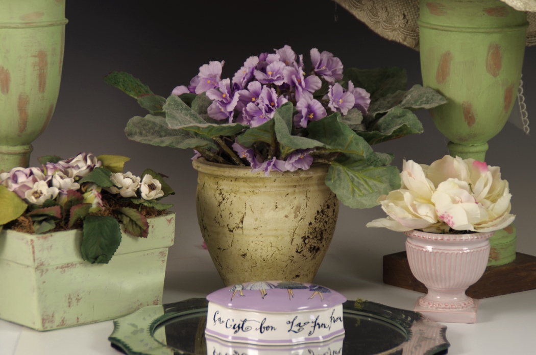 Pair of Vintage Hats with Stands, with Faux African Violet