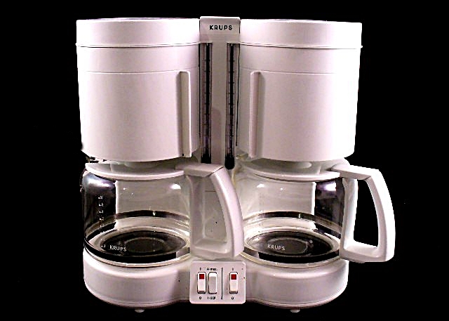Krups Double Pot Coffee Maker in White and a Seltzer Bottle
