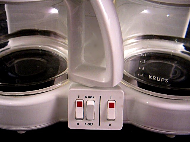 Krups Double Pot Coffee Maker in White and a Seltzer Bottle