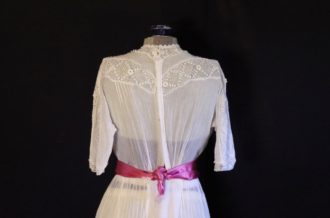 Late Victorian Era White Lace Dress, Circa 1900, with Dress Form