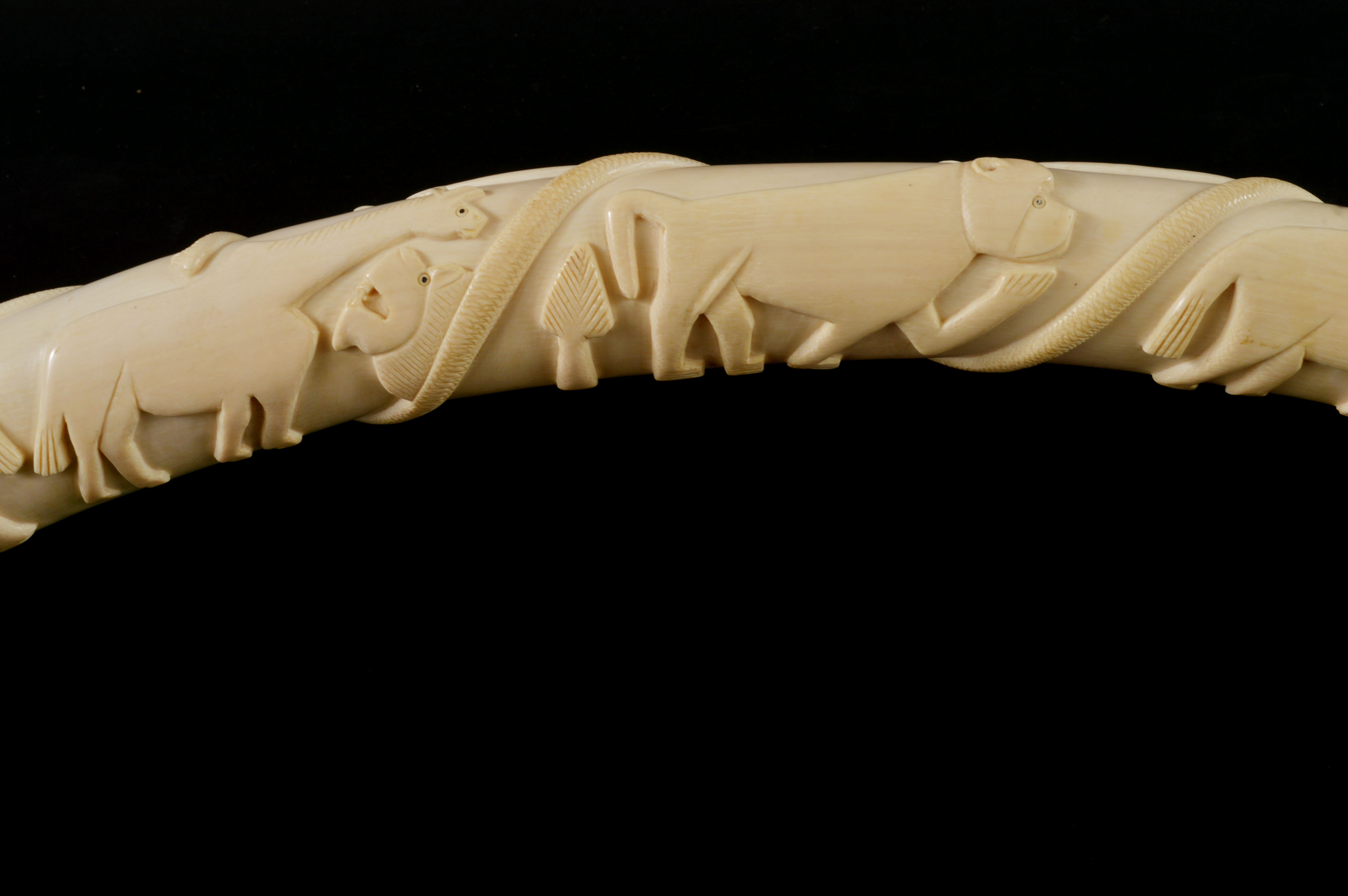 Vintage African Hand Carved Ivory Tusk Depicting Animals