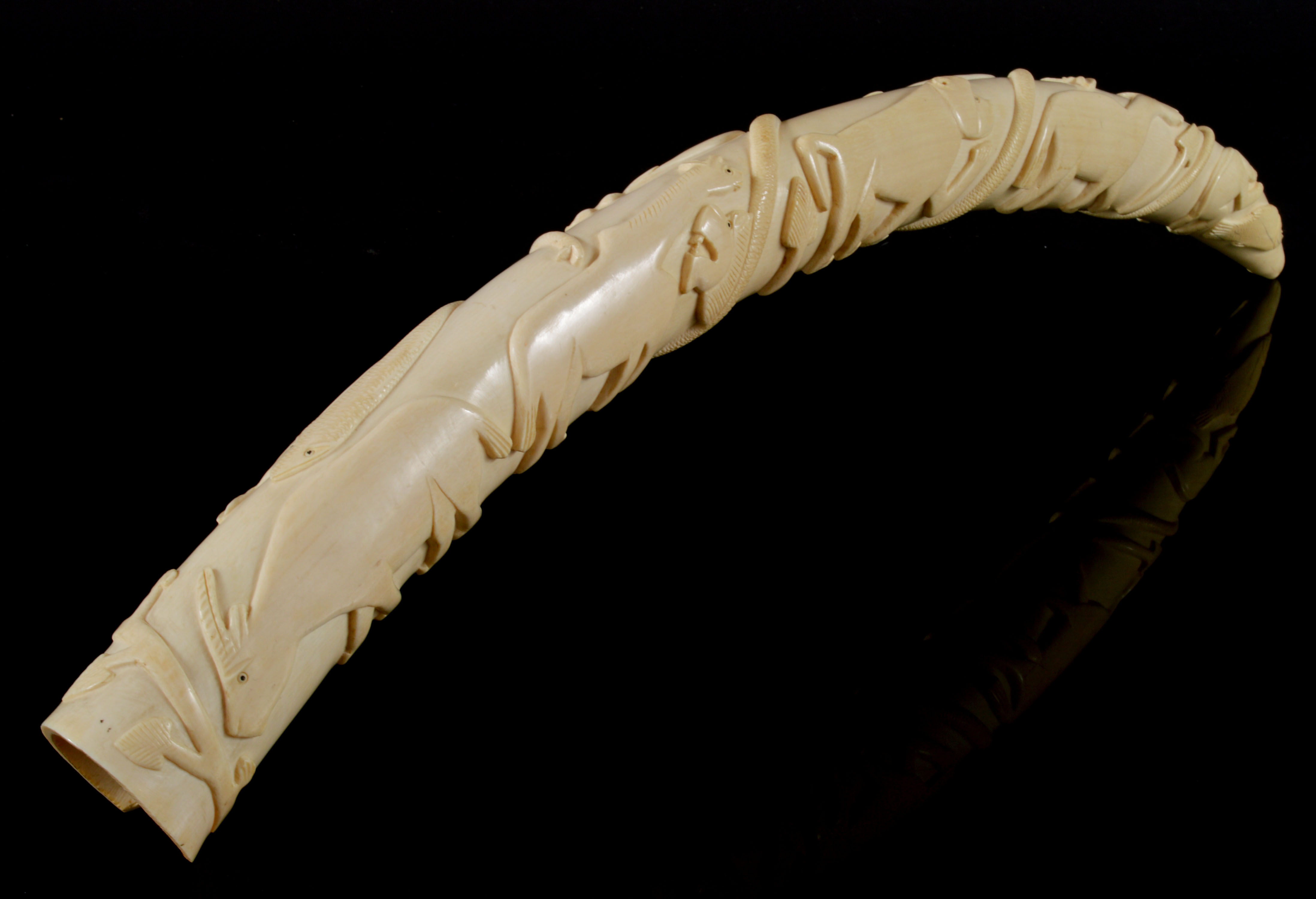 Vintage African Hand Carved Ivory Tusk Depicting Animals