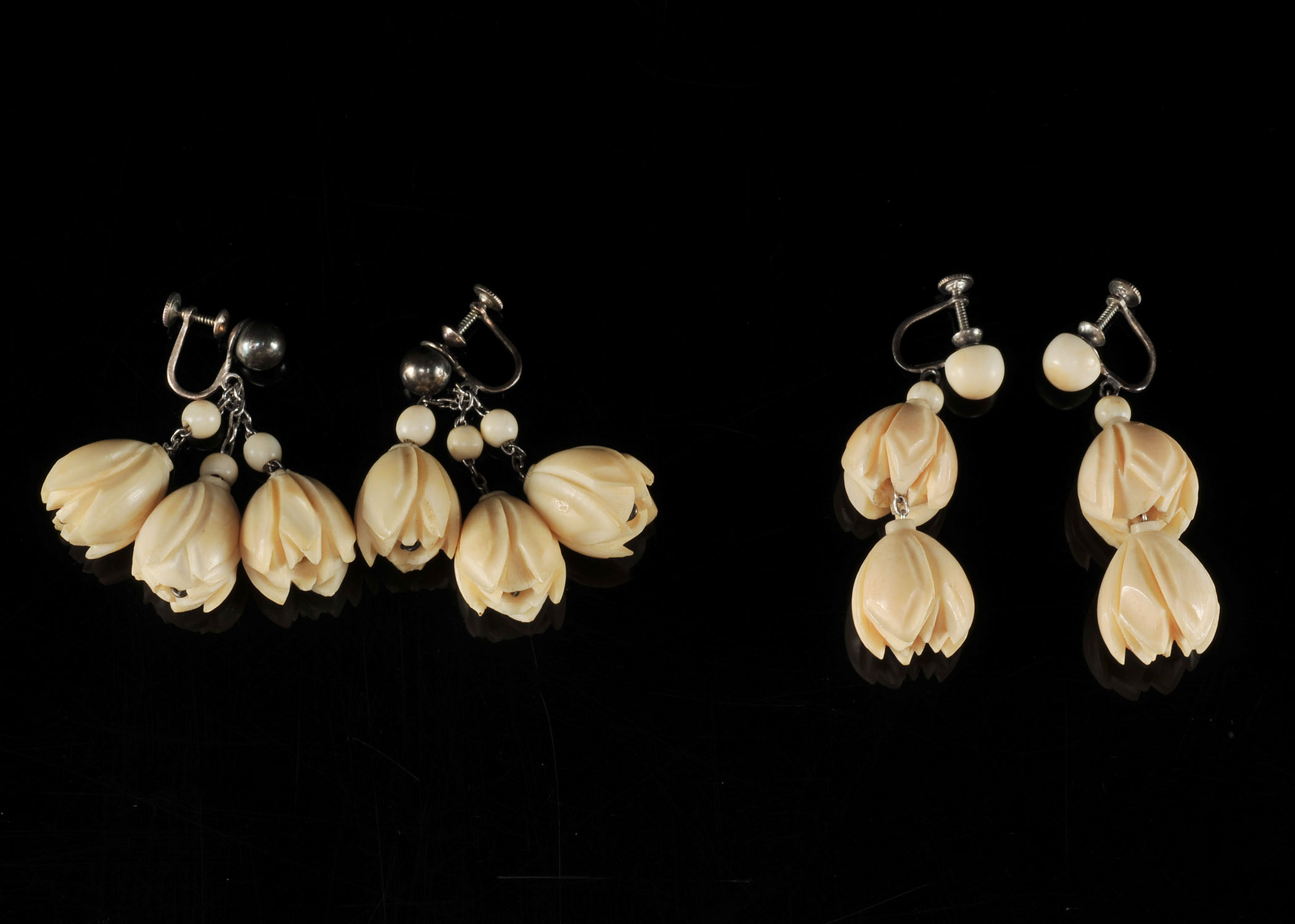 Two Pair of Vintage Sterling Silver Hand Carved Ivory Earrings