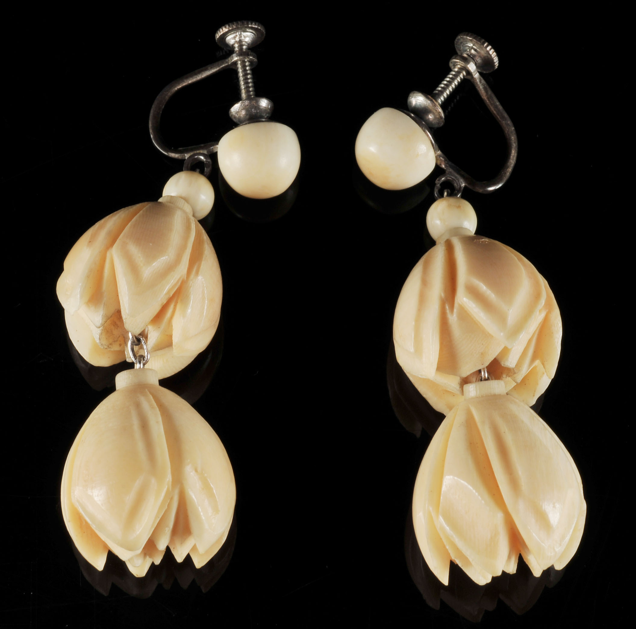 Two Pair of Vintage Sterling Silver Hand Carved Ivory Earrings