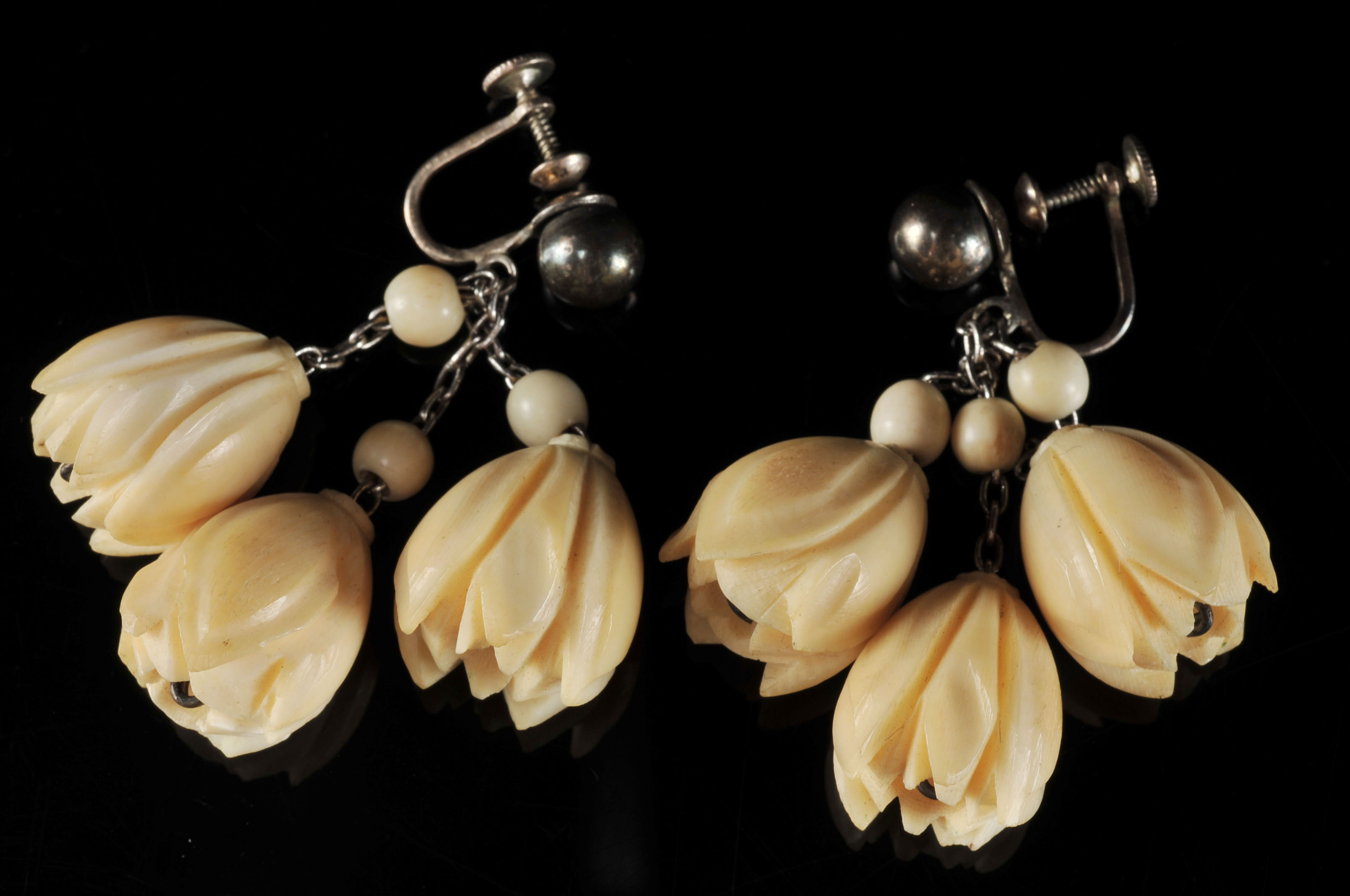 Two Pair of Vintage Sterling Silver Hand Carved Ivory Earrings