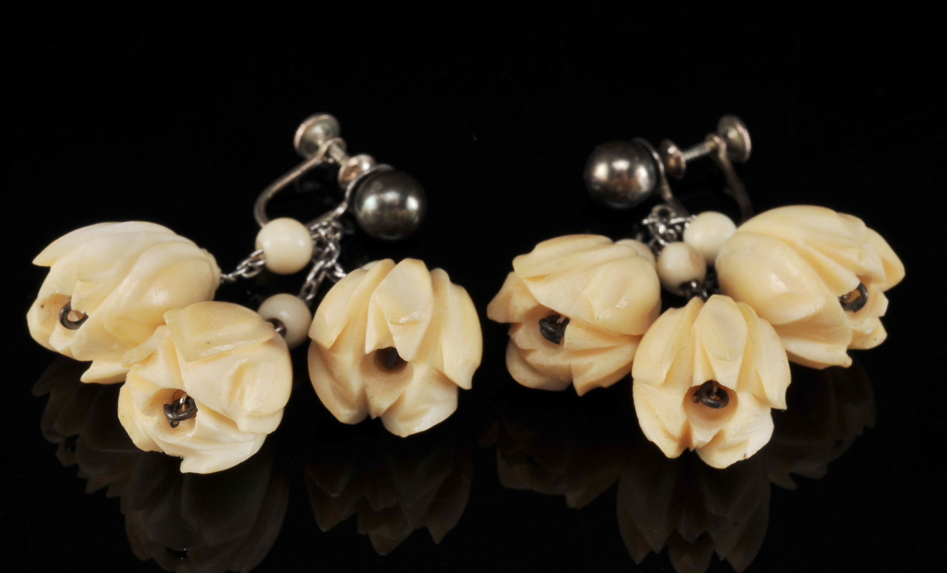 Two Pair of Vintage Sterling Silver Hand Carved Ivory Earrings