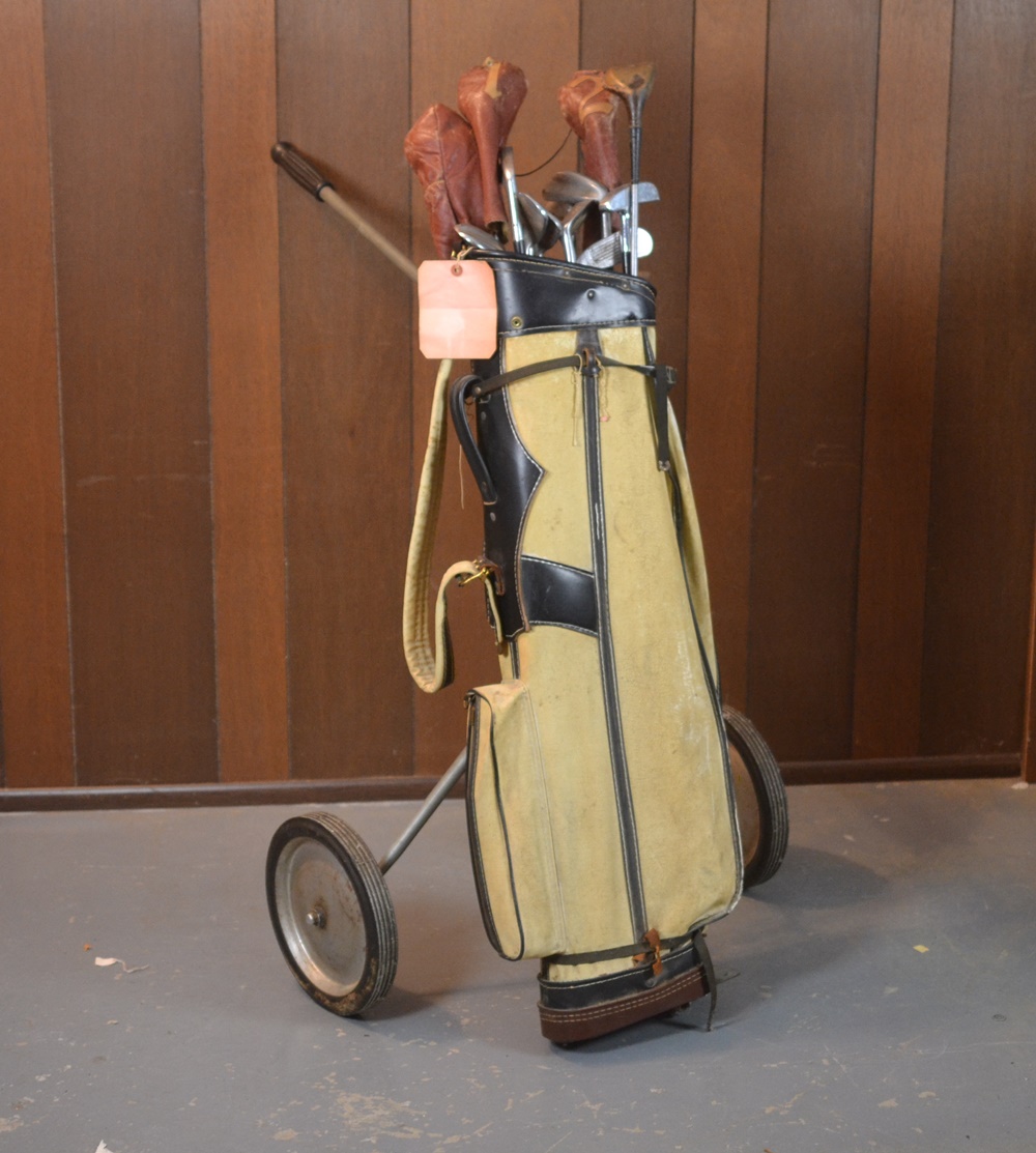 Men's Vintage Golf Bag, Clubs and Cart