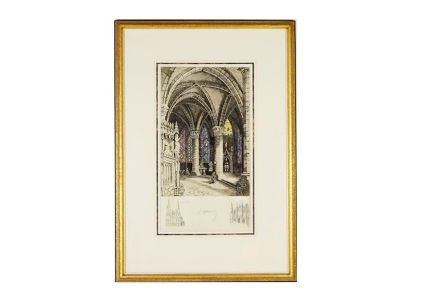 A Hand Colored Engraving of the Chartres Cathedral, Signed