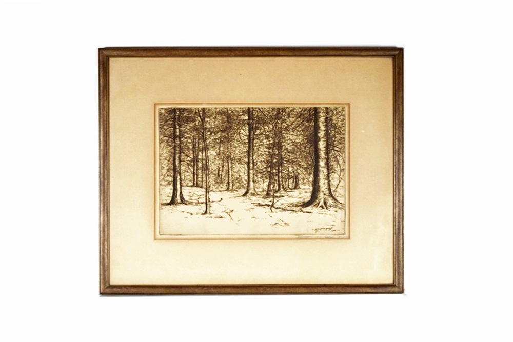 "Beech Grove Near Milford" Etching by Cinti. Artist E.T. Hurley