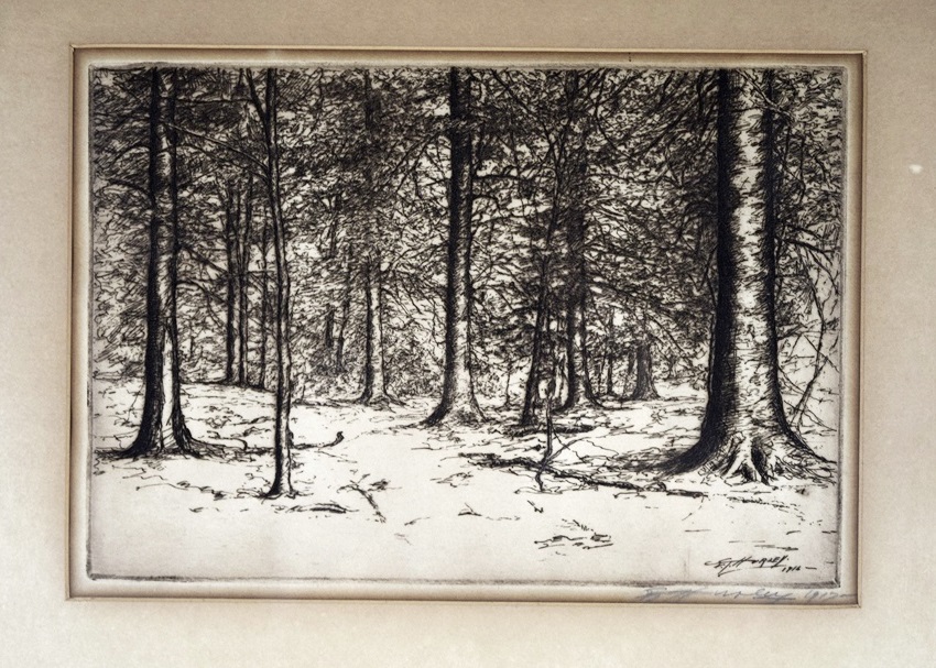 "Beech Grove Near Milford" Etching by Cinti. Artist E.T. Hurley