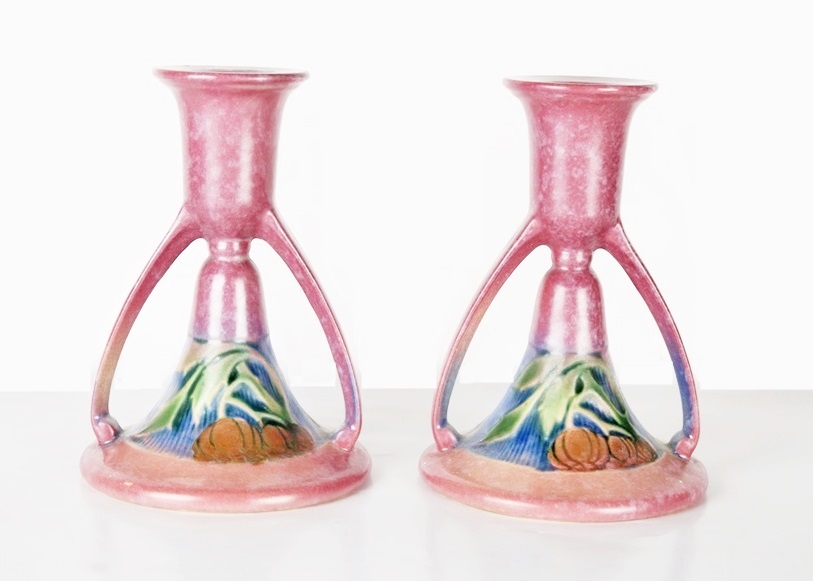 A Pair of Roseville "Beneda" Candlesticks in Pink Glaze, 1932