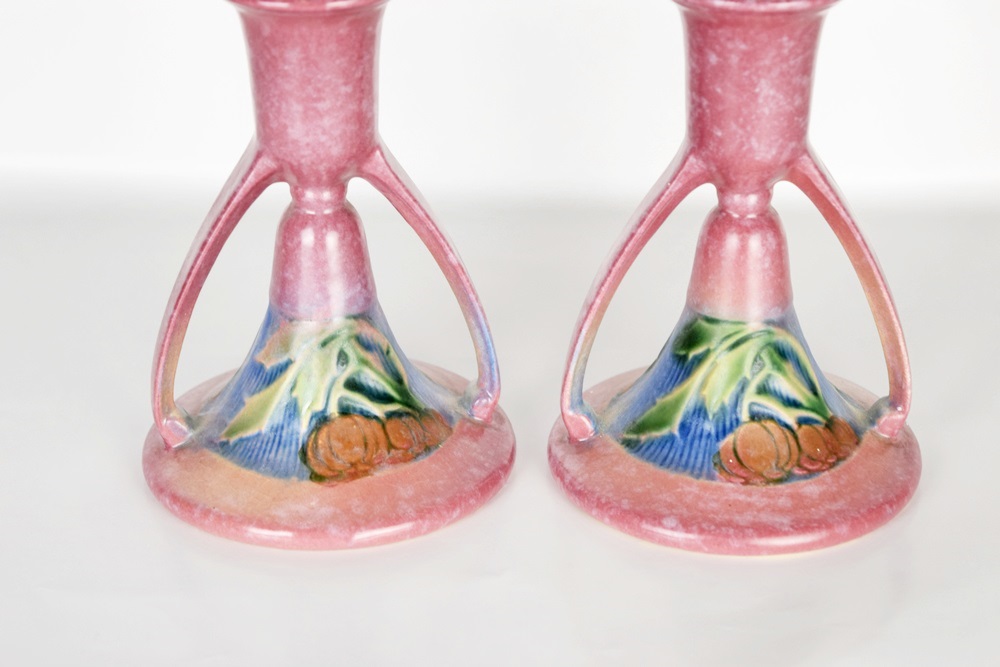 A Pair of Roseville "Beneda" Candlesticks in Pink Glaze, 1932