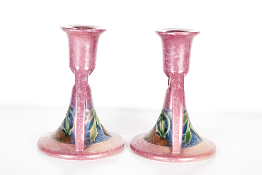 A Pair of Roseville "Beneda" Candlesticks in Pink Glaze, 1932