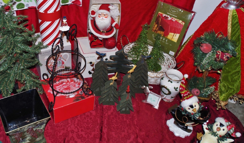 Large Bin of Christmas Decorations Including a Vintage Santa
