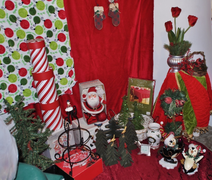 Large Bin of Christmas Decorations Including a Vintage Santa