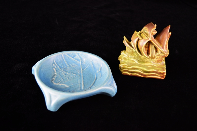 A Rookwood Ship Paperweight and Round Valet Tray with Ship Image