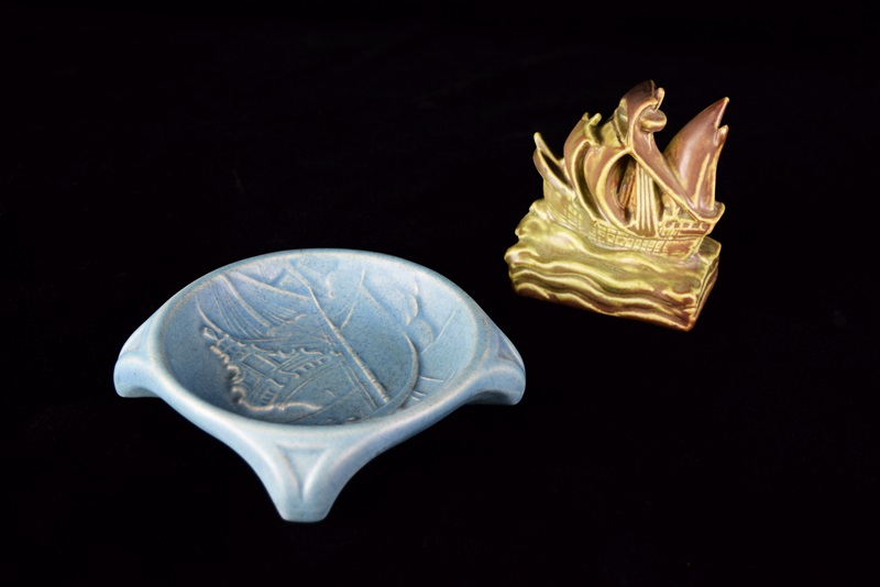 A Rookwood Ship Paperweight and Round Valet Tray with Ship Image