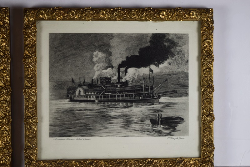 Two Black-and-White Etchings of Paddleboats by Menzo Van Esveldt