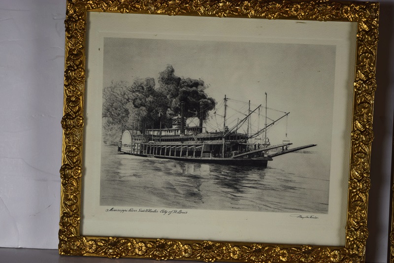 Two Black-and-White Etchings of Paddleboats by Menzo Van Esveldt