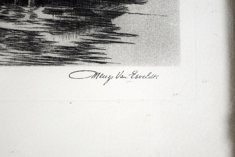 Two Black-and-White Etchings of Paddleboats by Menzo Van Esveldt