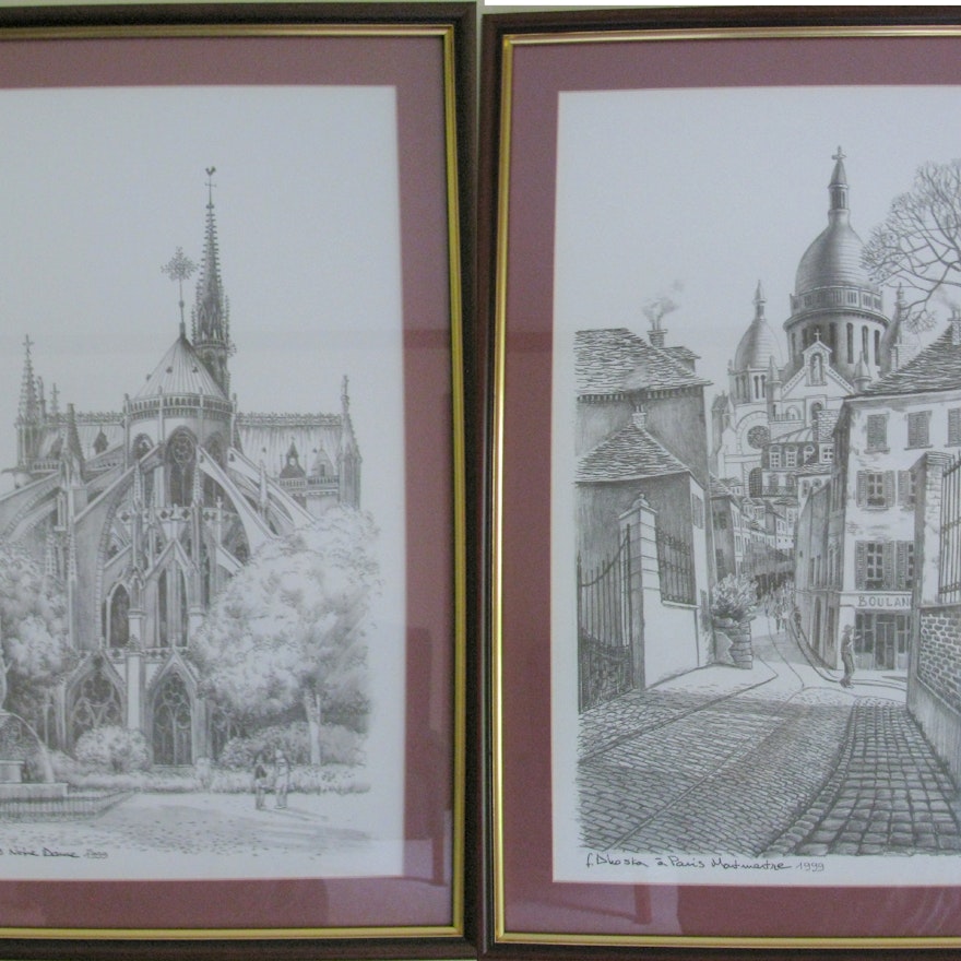 Pair of Framed Pencil Sketch Prints by F. Dhoska
