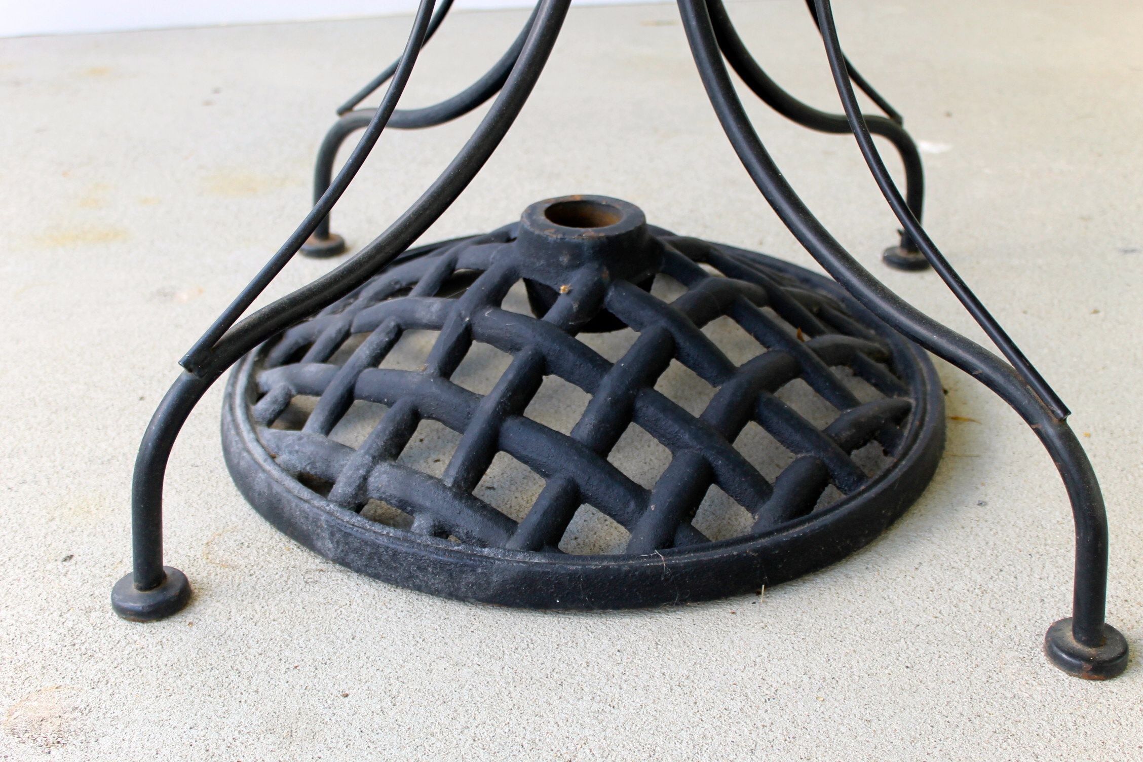 Wrought Iron Patio Table, Four Chairs and Umbrella Stand