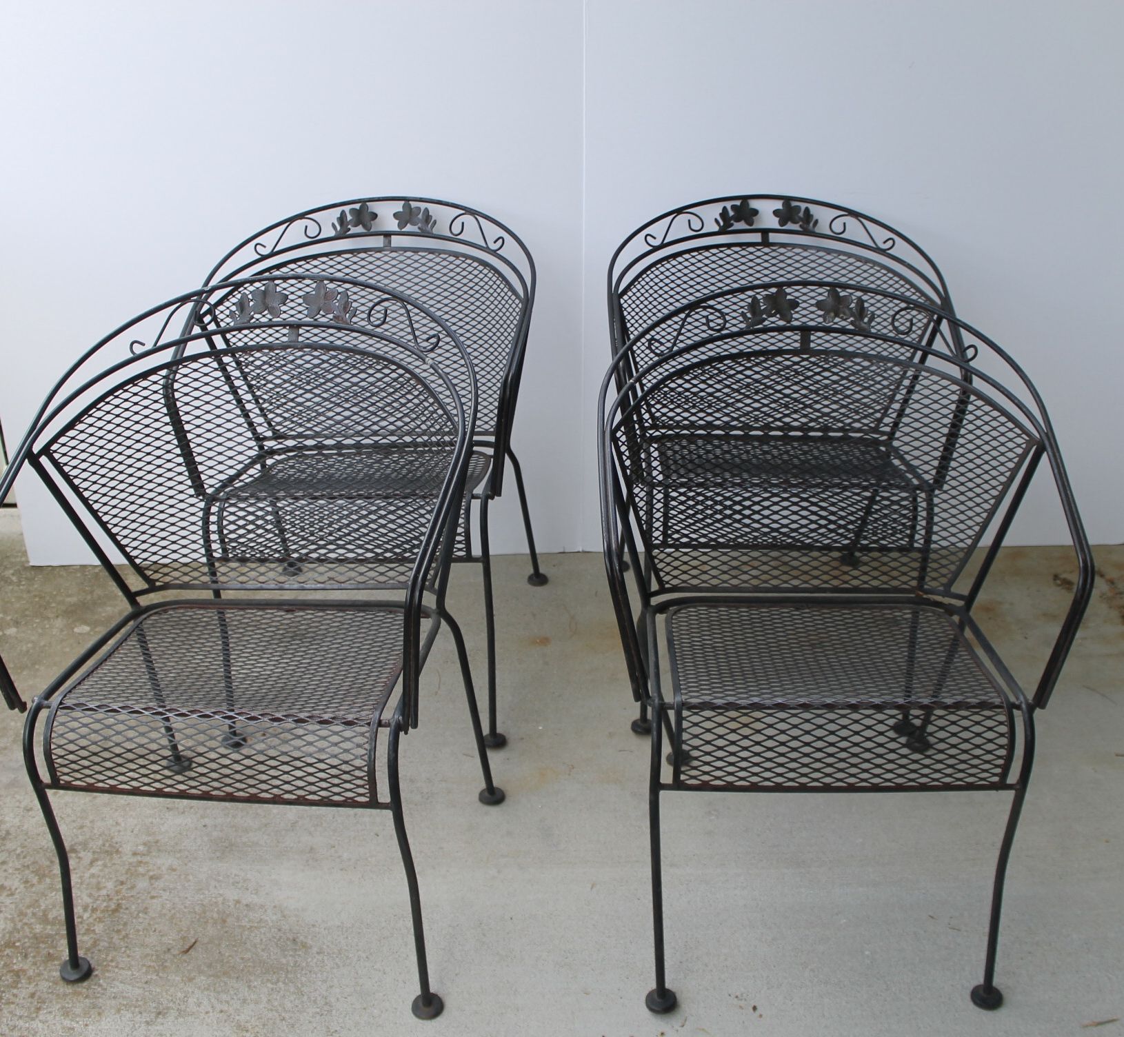 Wrought Iron Patio Table, Four Chairs and Umbrella Stand