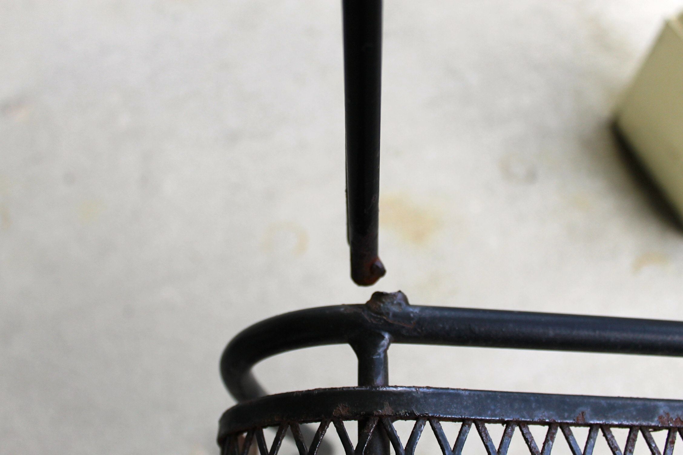 Wrought Iron Patio Table, Four Chairs and Umbrella Stand