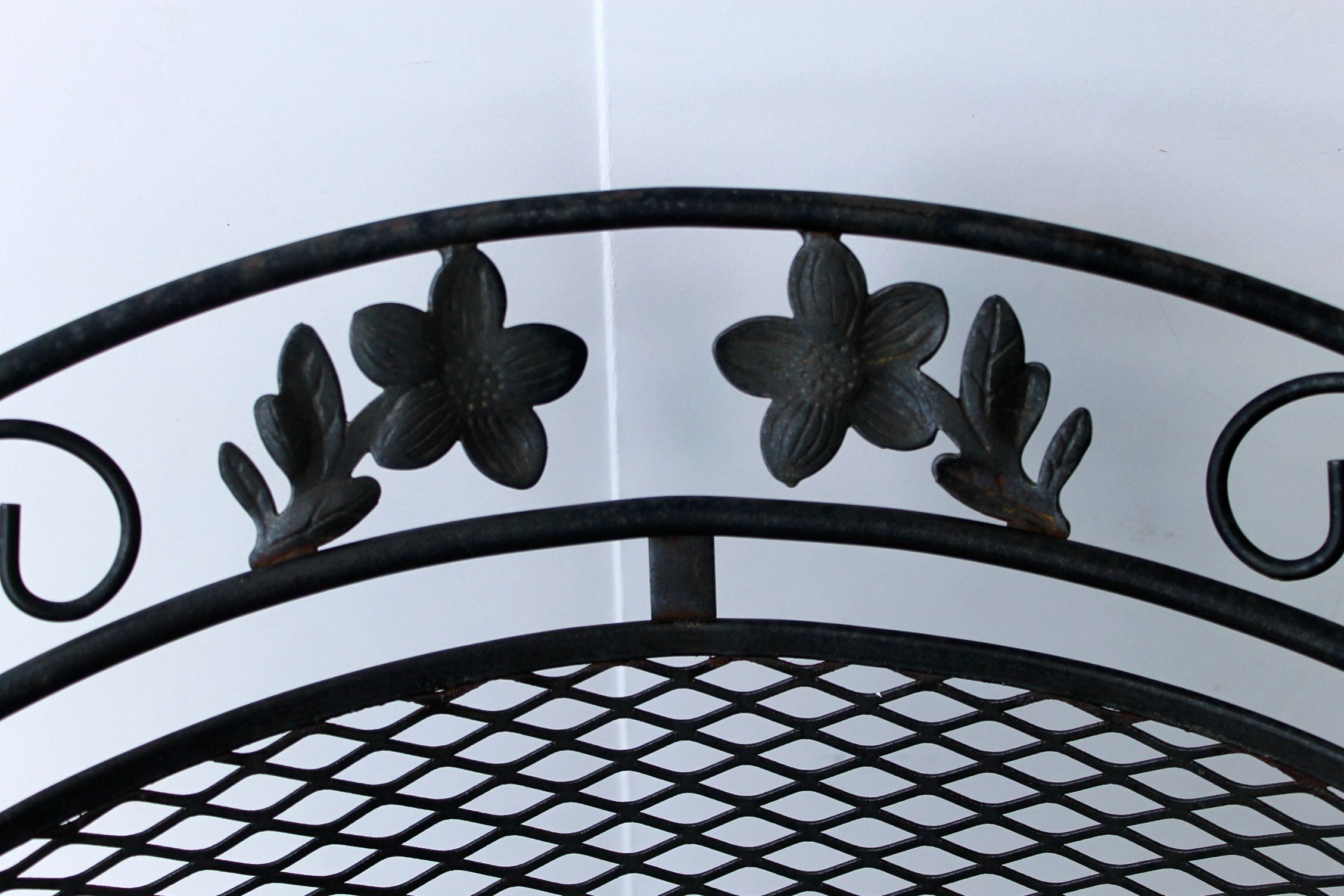 Wrought Iron Patio Table, Four Chairs and Umbrella Stand
