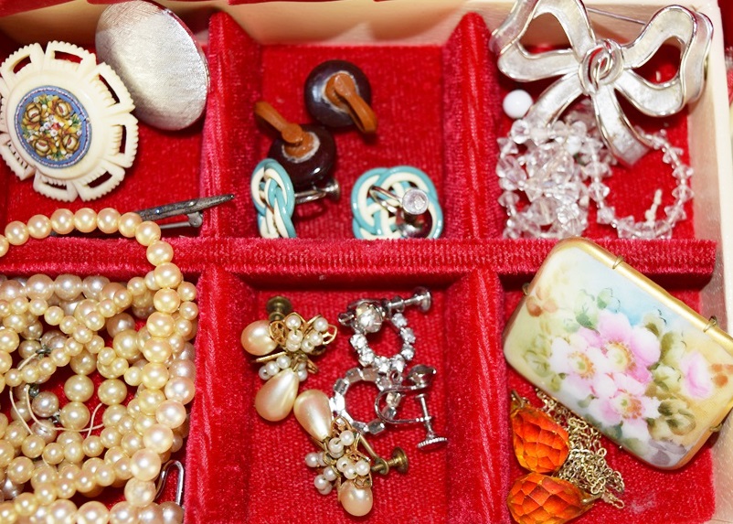 A Vintage Jewelry Box Filled with Costume Jewelry