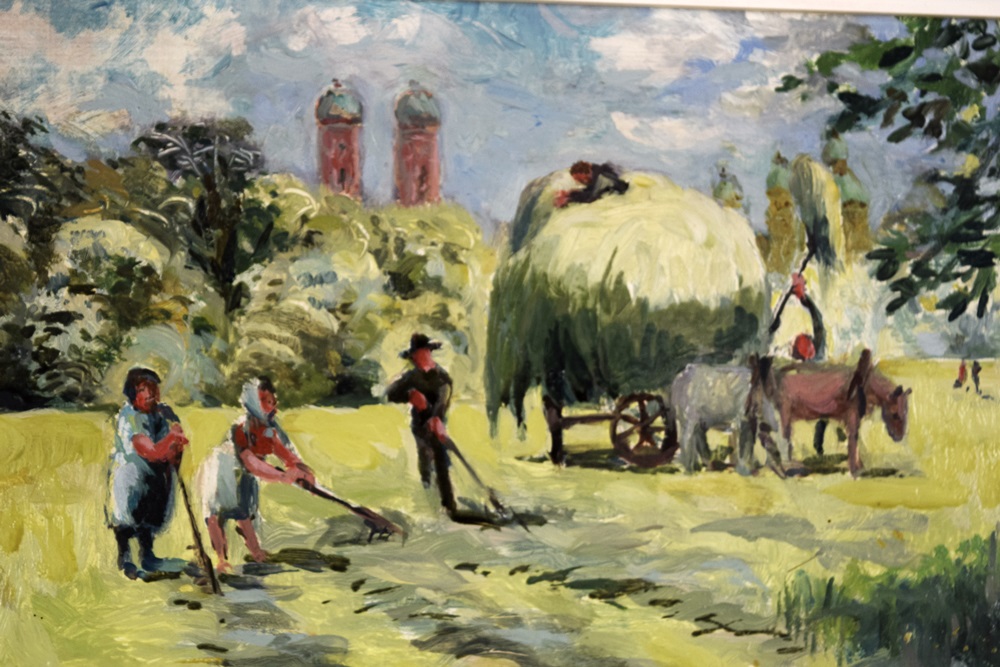 A Charming Small Painting on Board of Hay Gathering