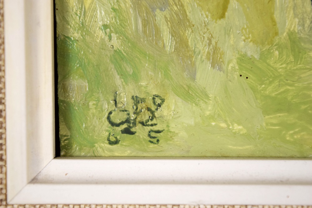 A Charming Small Painting on Board of Hay Gathering