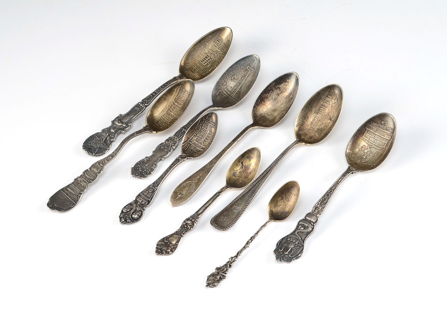 Nine Antique Sterling Silver Souvenir Spoons 