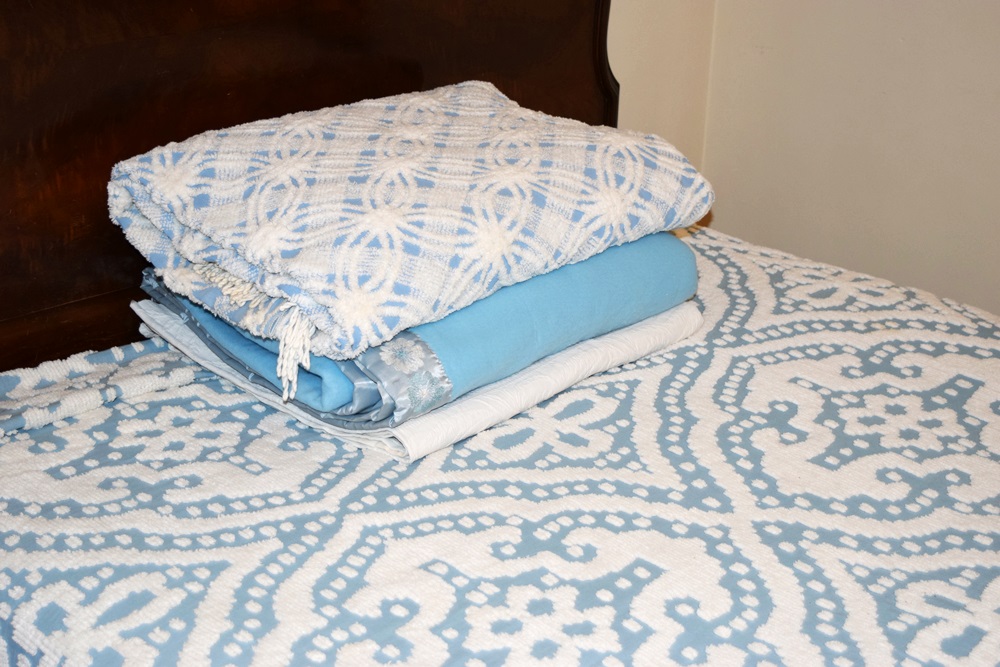 Vintage Chenille and Matelasse Bed Coverlets and a Blue Blanket
