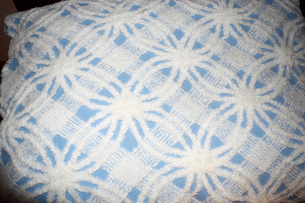 Vintage Chenille and Matelasse Bed Coverlets and a Blue Blanket