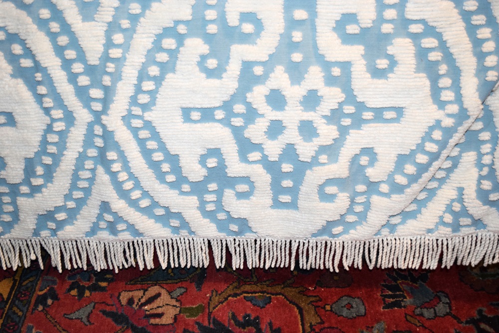 Vintage Chenille and Matelasse Bed Coverlets and a Blue Blanket