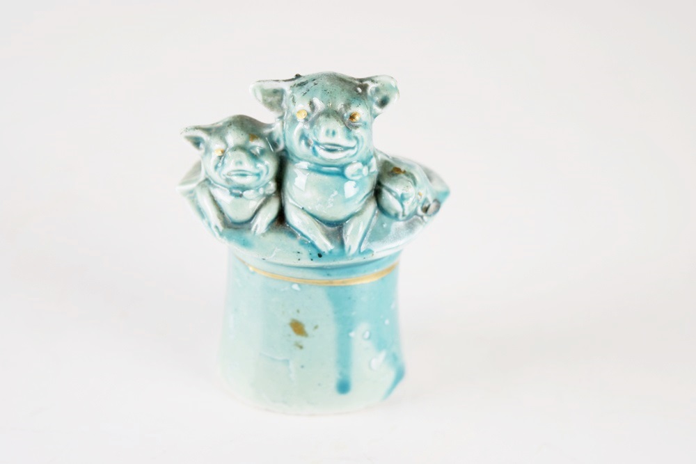 A Whimsical Vintage Three Little Pigs Porcelain Toothpick Holder